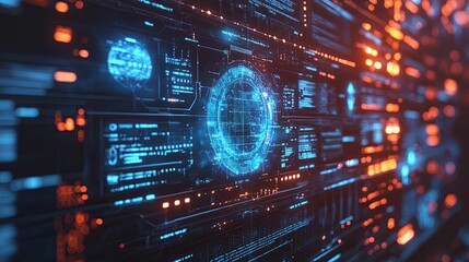 Futuristic Digital Interface with Glowing Blue and Orange Elements