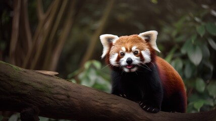 Red panda sitting on a branch in the jungle. Red panda