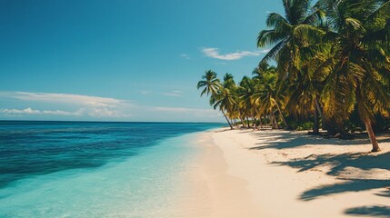 A pristine white sand beach with turquoise water and palm trees.