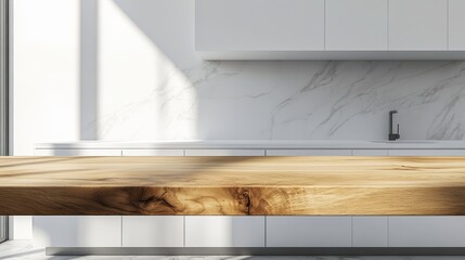 Wooden light empty table top in modern white kitchen, kitchen panel in interior. Template showcase scene for advertising products