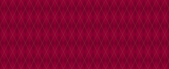 Dark Red Argyle Vector Pattern. Christmas Background. Harlequin Textile Print. Blood Red Diamonds with Gold Accent Lines. Seamless Pattern Tile.