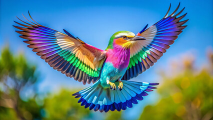 Obraz premium vibrant lilac breasted roller displays its stunning iridescent feathers in flight, showcasing beautiful array of colors against bright blue sky. This captivating bird embodies beauty of nature