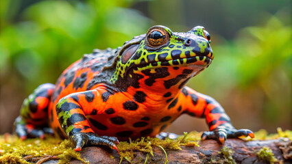 Fototapeta premium Brightly colored fire bellied toad displaying vibrant red and green patterns on its skin, perched on mossy log in lush environment. This striking amphibian showcases its unique coloration