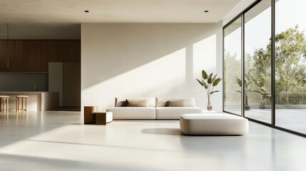 A modern minimalist home interior design with clean lines, sleek furniture, and neutral color palette, featuring an open-concept living space connected to a spacious kitchen, bathed in natural light