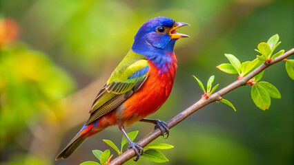 Obraz premium vibrant painted bunting male perched on branch, showcasing its multicolored plumage with striking blue, green, and red hues. This beautiful bird is delight to observe in nature