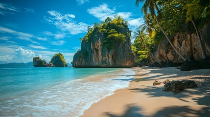 Fototapeta premium A secluded beach with clear turquoise water, white sand, and palm trees shaded by towering cliffs.