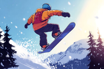 A snowboarder performs a jump against a snowy mountain backdrop.