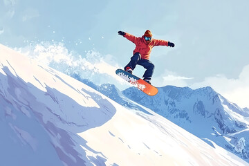 A snowboarder performs a jump on a snowy mountain slope, capturing the thrill of winter sports.