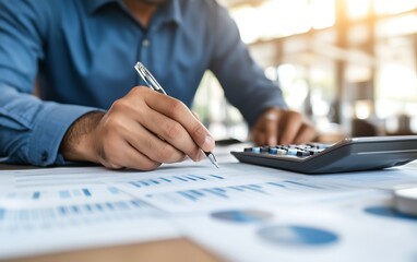 A focused individual analyzes financial reports, using a pen and calculator, in a bright office setting, highlighting attention to detail and data analysis.