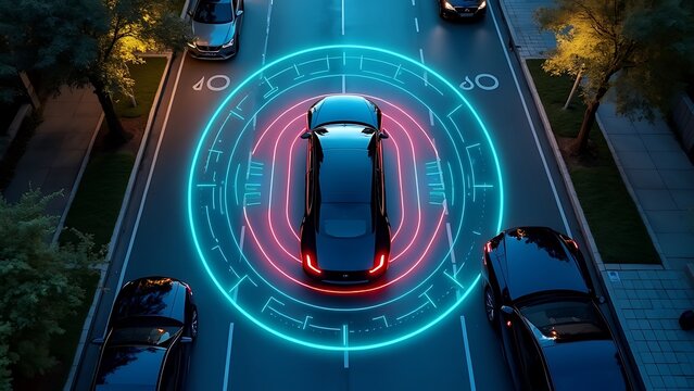 A smart car parking assist system is visualized from a top view, featuring autonomous technology for secure road scanning and self-parking