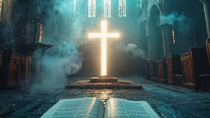 holy christian bible with cross made of light church Generative AI