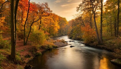 A Serene River Meandering Through a Vibrant Autumn Forest, Surrounded by Trees With Golden and Red Leaves, Captured Under the Warm Glow of Sunset for a Stunning Landscape Scene
