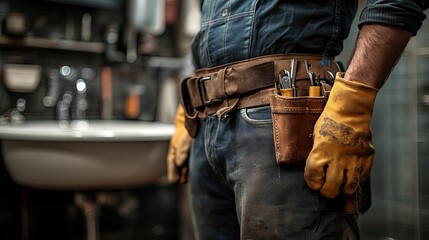 Closeup of a Construction Worker's Tool Belt and Gloved Hand