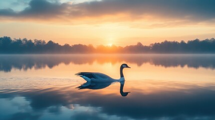 Fototapeta premium Serene Swan at Sunrise Over Calm Water
