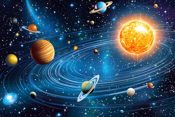 Fototapeta premium A vibrant illustration of the solar system with planets orbiting the sun.