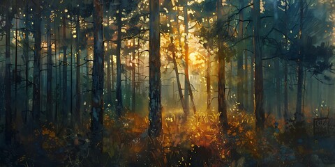 Pine forest in the fog at sunrise. illustration.