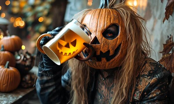 Halloween Pumpkin Head Drinking Beer