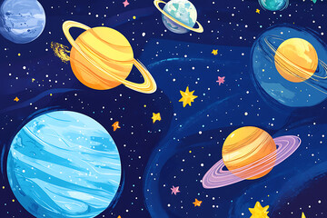 A colorful illustration of planets in space with stars, showcasing a whimsical cosmic scene.