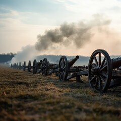 A line of cannons against a hazy sky.