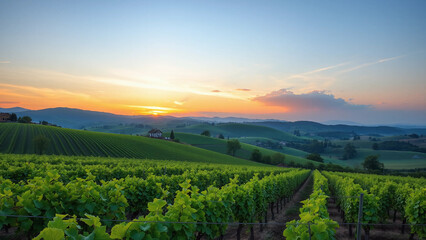 A stunning sunset over rolling vineyards, with a small house in the distance. The image captures the beauty of rural life and the tranquility of nature