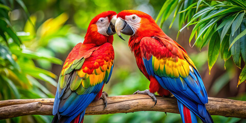 Obraz premium Vibrant scarlet macaws perched side by side, showcasing their stunning red, blue, and green feathers in lush tropical setting. Their affectionate interaction adds joyful touch to scene