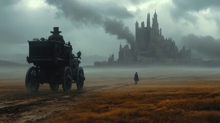Two figures approach a large, ominous castle.