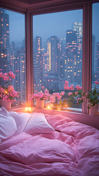 Fototapeta Modern style luxury pink master bedroom with blurry city view in the night background