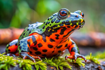 Fototapeta premium Brightly colored fire bellied toad showcasing its vibrant red underside and striking patterns. This amphibian is perched on mossy surface, highlighting its unique features and natural habitat