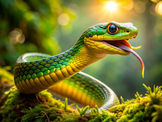 Fototapeta premium vibrant green leaf nosed snake coils gracefully on moss covered branch, showcasing its striking colors and expressive features. sunlight filters through foliage, creating magical atmosphere