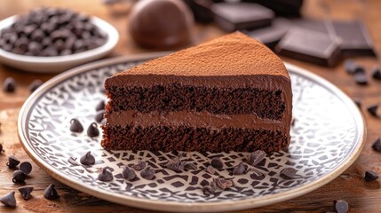 Delicious chocolate cake slice on decorative plate