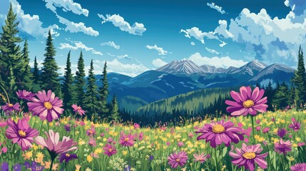 Pink flowers in a field with mountains in the background.