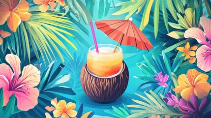 Naklejka premium Tropical drink with umbrella surrounded by flowers and leaves.