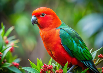 Obraz premium Vibrant Australian king parrot showcasing vivid red and green plumage, perched among lush foliage and colorful flowers, exuding lively and cheerful presence