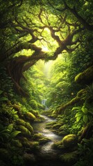 lush green forest with tall trees and soft sunlight