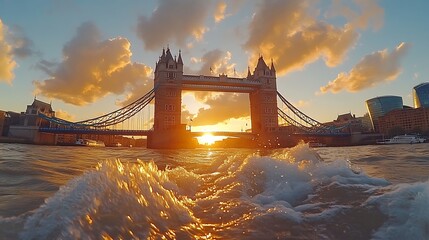 Generative AI Image of Majestic Tower Bridge in London River Lake Pond with Sunset Sunrise Sky