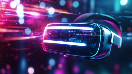 Immersive VR headset with ultra realistic graphics, glowing lights, and vibrant colors, showcasing advanced technology in futuristic setting