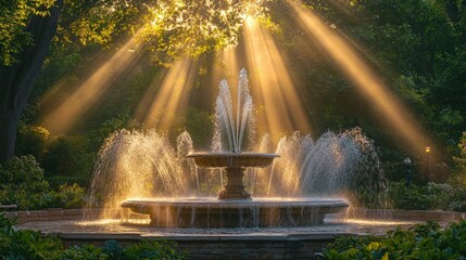 Fototapeta premium Sunbeams illuminate a fountain in a park.