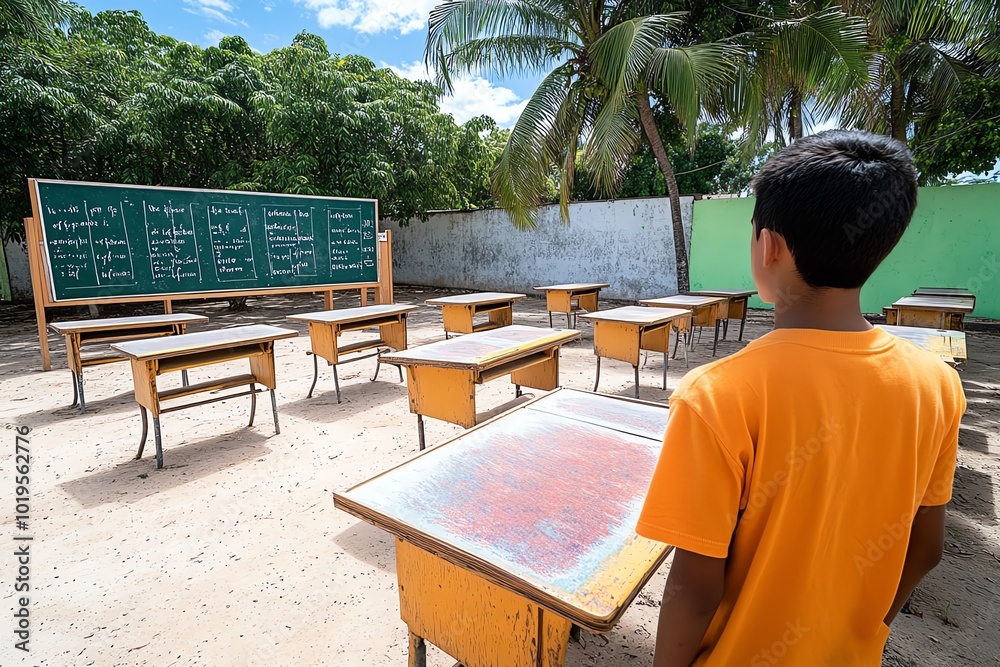 Poster Realistic image of an old, abandoned school building with a person revisiting the classroom of yesterday, looking at faded chalkboards and empty desks, representing the passage of time**
