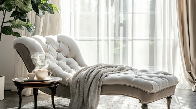Cozy Chaise Lounge with Coffee in Bright Room
