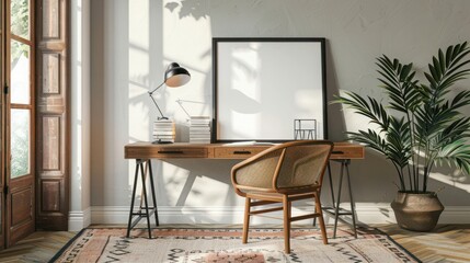 Cozy composition of workplace interior space with mock up poster frame, wooden desk, rattan chair, black lamp, books, patterned carpet