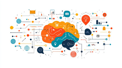 image illustrates vibrant and colorful representation of brain surrounded by various icons and symbols related to data, communication, and innovation, showcasing thinking process