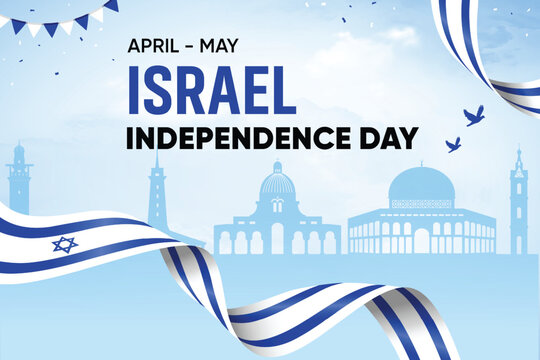 Israel Flag Waving On Skyline Background. Independence Day Concept Design Vector Illustration.