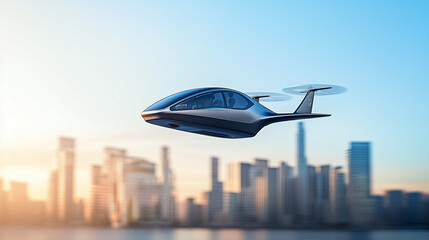 Sleek electric air taxi hovering above futuristic city skyline, smooth aerodynamic design, golden hour sunlight, modern transportation concept.