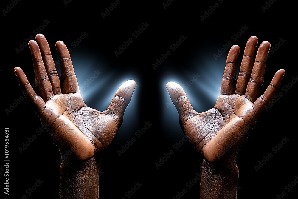 Poster realistic image of two hands, one reaching up into the light and the other reaching down into shadow