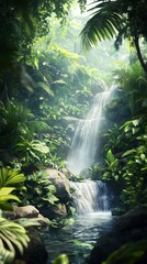 a tranquil rainforest with lush greenery waterfalls