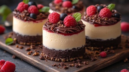 Delicious mini cheesecakes topped with berries and chocolate.