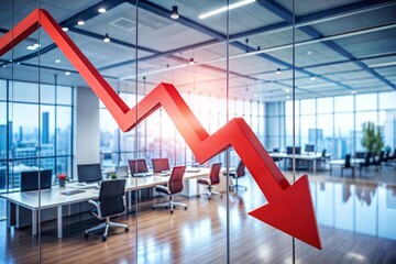 Red arrow pointing down on office window visualizing business recession impact