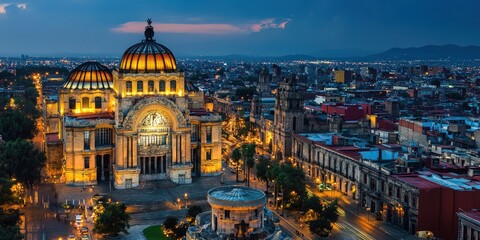 Naklejka premium Illuminated Palace of Fine Arts in Mexico City with evening cityscape.