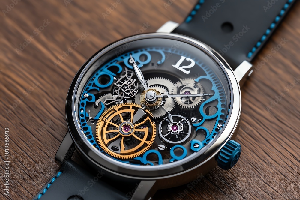 Poster realistic image of reverse engineering a vintage mechanical watch, with the inner gears and springs 