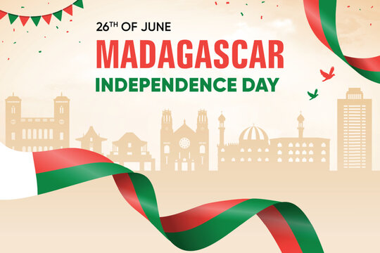 Madagascar Flag Waving On Skyline Background. Independence Day Concept Design Vector Illustration.